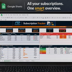 Könnte beinhalten: Ein Laptop mit einem Google Sheets-Abonnement-Tracker. Der Bildschirm zeigt Finanzdaten, einschließlich monatlicher und jährlicher Ausgaben, mit dem Text "All your subscriptions. One smart overview."