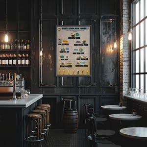 May include: A framed poster with the text "WHAT'S YOUR BEER TONIGHT?" hangs on a dark wall in a bar. The poster is a beer guide with illustrations of different beer types. The bar has a counter, stools, and a barrel.