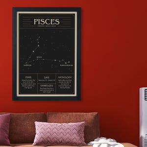 Può includere: Una stampa artistica incorniciata in nero e oro della costellazione dei Pesci. La stampa presenta la costellazione dei Pesci, i nomi delle stelle, le date, la mitologia e la parola "PISCES" in alto. La stampa è esposta su una parete rossa.