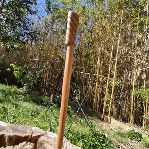 Peut inclure: Épingle à cheveux en bois faite à la main avec un motif en spirale sur la poignée. Le bâton est de couleur brun clair et se détache sur un fond de feuillage vert et de tiges de bambou. L'accessoire pour cheveux mesure environ 20 cm de long.