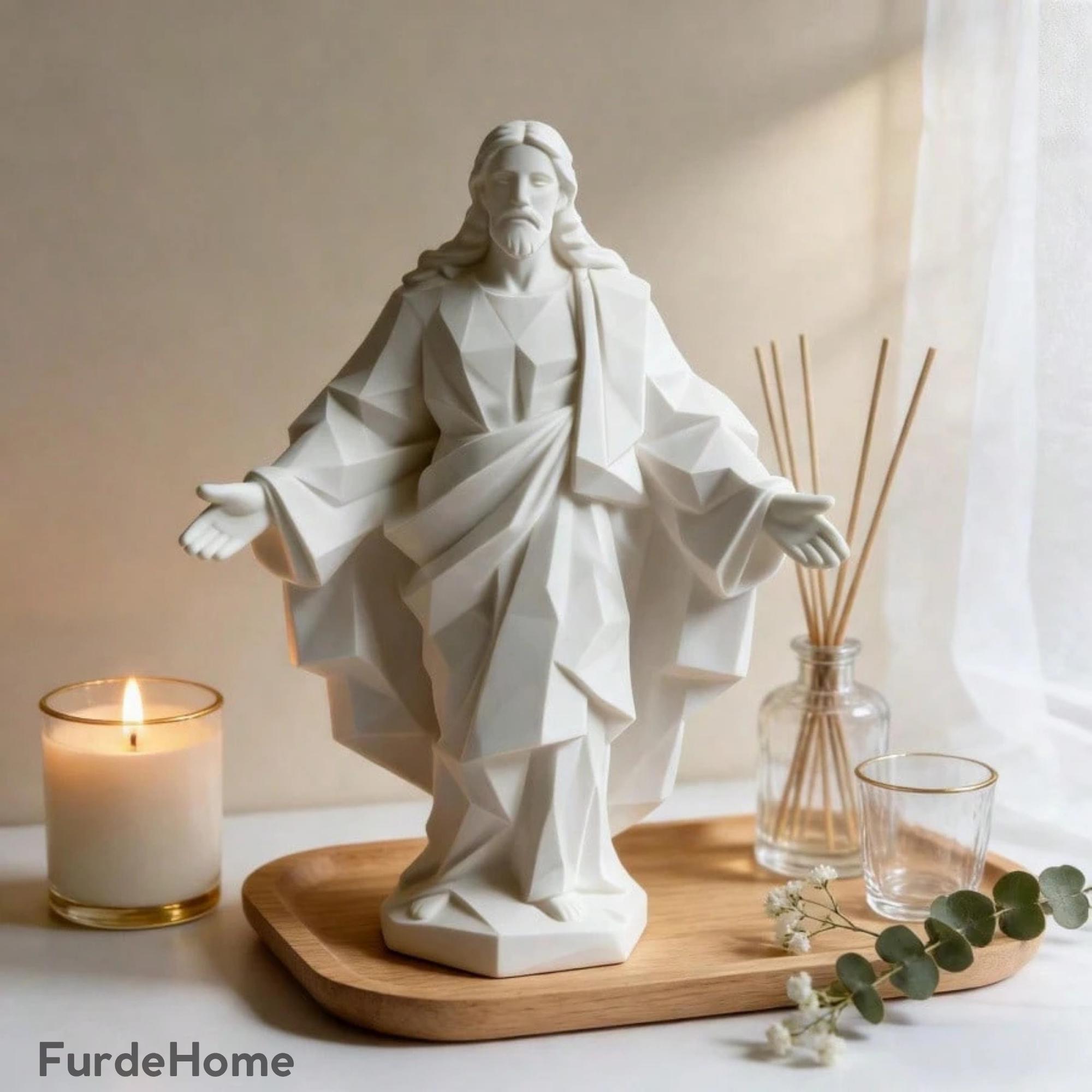 Geometric Jesus Statue White Resin Christian Home Decor Spiritual Desk ...