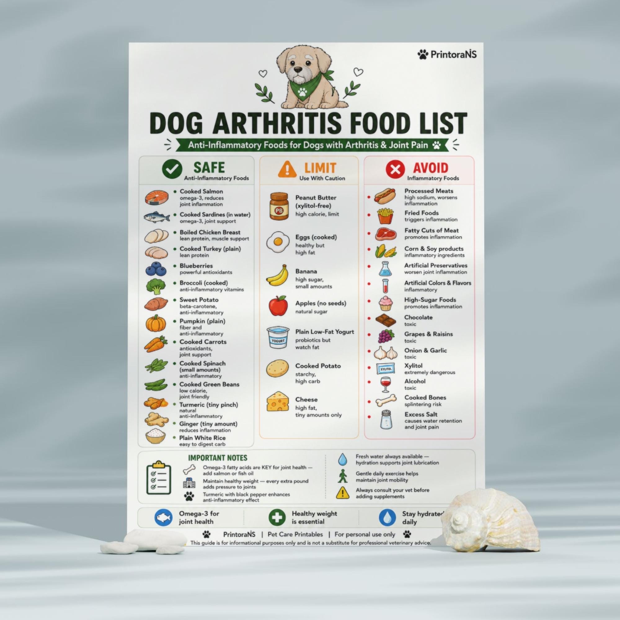Dog Arthritis Food List Printable PDF, Anti-inflammatory Dog Food Chart ...