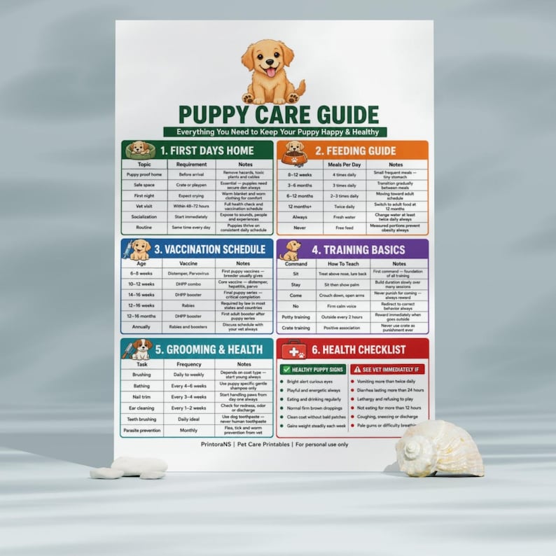 May include: A white informational poster titled PUPPY CARE GUIDE featuring a cartoon puppy illustration. It contains six sections: First Days Home, Feeding Guide, Vaccination Schedule, Training Basics, Grooming & Health, and Health Checklist.