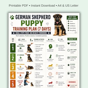 May include: A printable PDF training plan for German Shepherd puppies, designed for 7 days. The guide includes focus, name training, sit, down, stay, and come commands, with tips for positive reinforcement and short sessions.