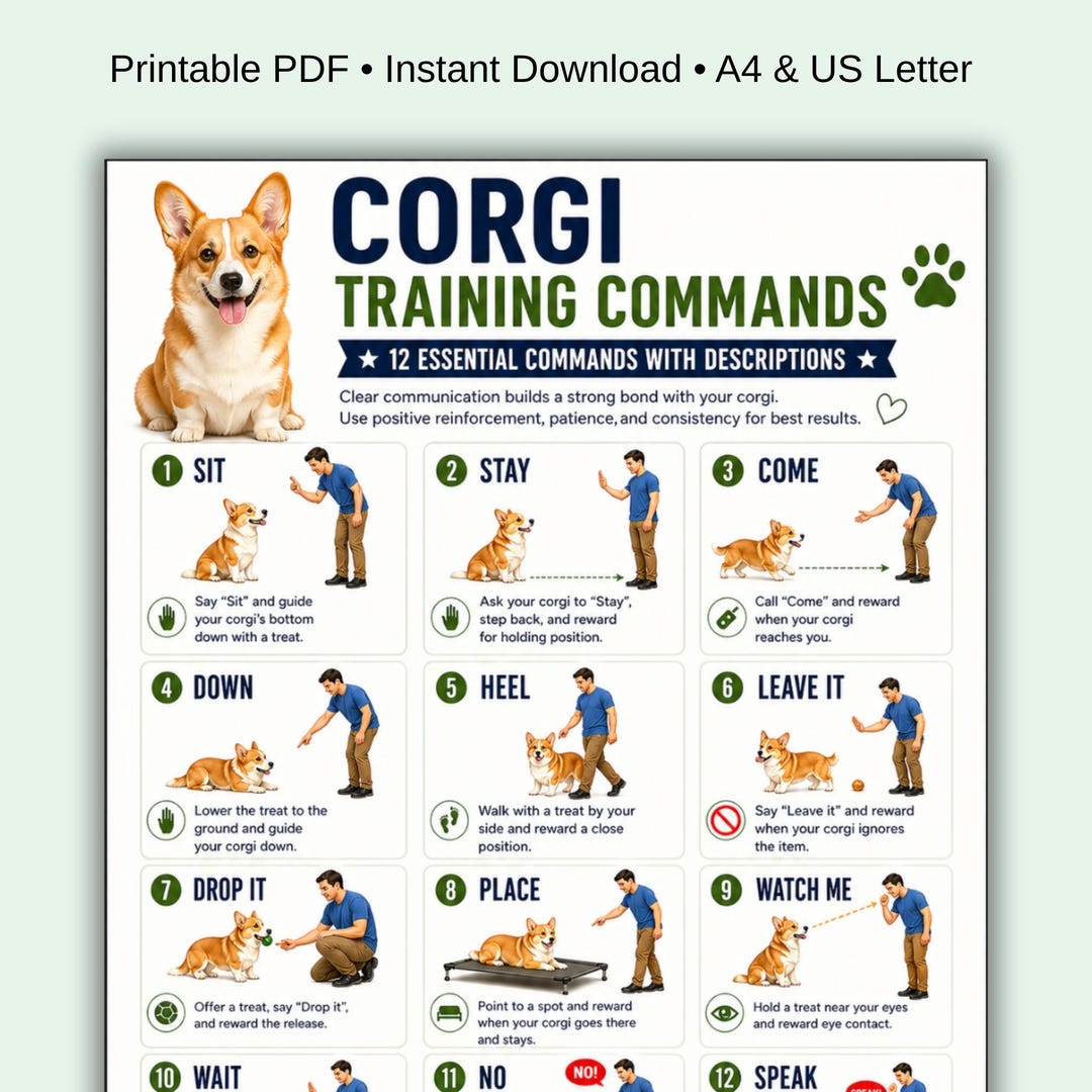 Corgi Training Commands Chart Printable PDF, Welsh Corgi Obedience ...