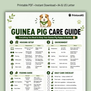 May include: A printable Guinea Pig Care Guide featuring an illustration of a guinea pig wearing a green bandana. The document includes sections for housing setup, environment, feeding guide, and a daily care checklist with text and icons.