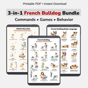 May include: A digital download bundle for French Bulldog owners. The bundle includes three charts: Training Commands, Activities & Games, and Body Language. Each chart features illustrations and text to help with training and understanding your dog.