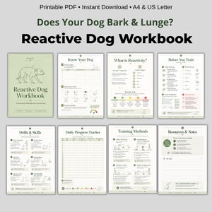 Puede incluir: Un cuaderno de trabajo digital titulado "Reactive Dog Workbook" con páginas que detallan los métodos de entrenamiento canino. La portada es de color verde claro con una ilustración de un perro. El cuaderno incluye secciones sobre reactividad, ejercicios y métodos de entrenamiento.