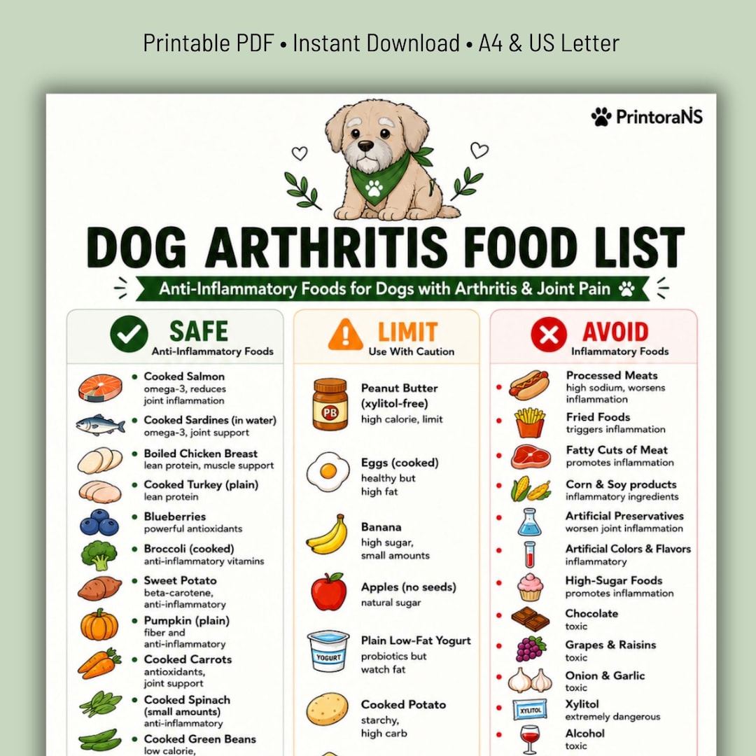 Dog Arthritis Food List Printable PDF, Anti-inflammatory Dog Food Chart ...