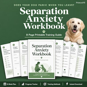 May include: A training workbook for dogs with the title "Separation Anxiety Workbook". The image shows the workbook with other training guides and a golden retriever. The text reads "8-Page Printable Training Guide".