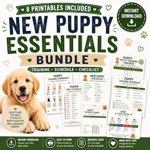 May include: A digital download bundle titled "New Puppy Essentials" with training, schedule, and checklist printables. The image features a golden retriever puppy and includes text such as "Puppy Training Commands" and "Puppy Daily Schedule."