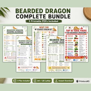 May include: A digital bundle of five printable PDFs titled Bearded Dragon Complete Bundle, featuring a feeding schedule, weekly care checklist, food guide, care guide, and a list of top ten toxic foods for bearded dragons with illustrations.