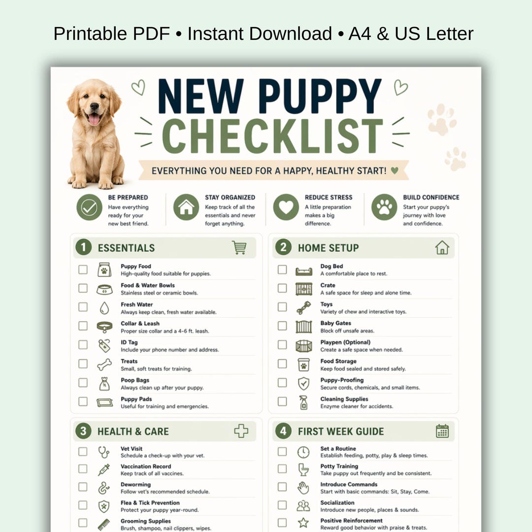New Puppy Checklist Printable PDF, Dog Essentials List, First Week ...