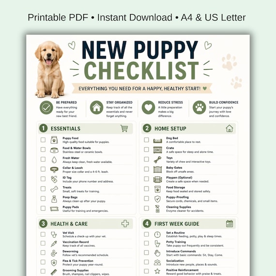 New Puppy Checklist Printable PDF, Dog Essentials List, First Week Puppy Guide, New Dog Owner Checklist, Puppy Supplies List A4 US Letter