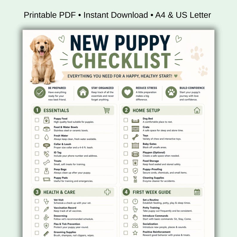 May include: A printable PDF checklist for new puppy owners. The checklist includes essentials, home setup, health & care, and a first week guide. The design features a puppy image and text in a clean, organized layout.