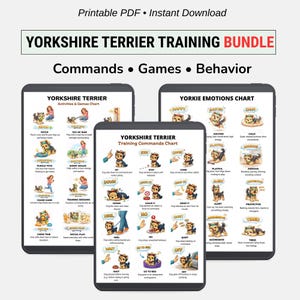 Puede incluir: Un paquete de descarga digital para el entrenamiento de Yorkshire Terrier, que se muestra en tres tabletas. El paquete incluye gráficos de comandos, juegos y comportamiento, con ilustraciones y texto coloridos. El banner superior dice "Yorkshire Terrier Training Bundle".
