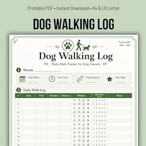 Könnte beinhalten: Ein druckbares Hundespaziergang-Protokoll mit dem Titel "DOG WALKING LOG". Es enthält Abschnitte zur Aufzeichnung von Spaziergängen, einschließlich Datum, Uhrzeit, Entfernung und Wetter. Sofortiger Download, A4- und US-Letter-Format.