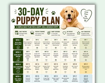 30 dagen puppytrainingsplan afdrukbare pdf, schema puppytraining, schema nieuwe puppyroutine, dagelijkse puppygids, cadeau nieuwe hondeigenaar