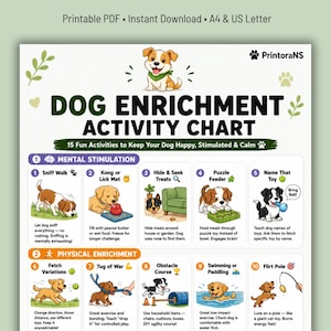 May include: A white informational chart titled DOG ENRICHMENT ACTIVITY CHART with illustrations of dogs and text detailing 15 activities for mental and physical stimulation. The chart includes sections for mental stimulation, physical enrichment, and training.
