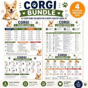 May include: A digital download bundle for Corgi owners, featuring feeding charts, daily routines, training commands, and an emotions chart. The bundle includes printable PDFs with helpful information for Corgi care and well-being. The design includes Corgi illustrations and paw prints.