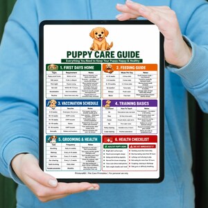 May include: A digital puppy care guide displayed on a tablet screen. The chart features a golden puppy illustration and six sections: First Days Home, Feeding Guide, Vaccination Schedule, Training Basics, Grooming & Health, and Health Checklist.