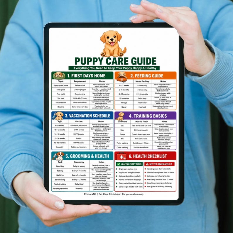 May include: A digital puppy care guide displayed on a tablet screen. The chart features a golden puppy illustration and six sections: First Days Home, Feeding Guide, Vaccination Schedule, Training Basics, Grooming & Health, and Health Checklist.