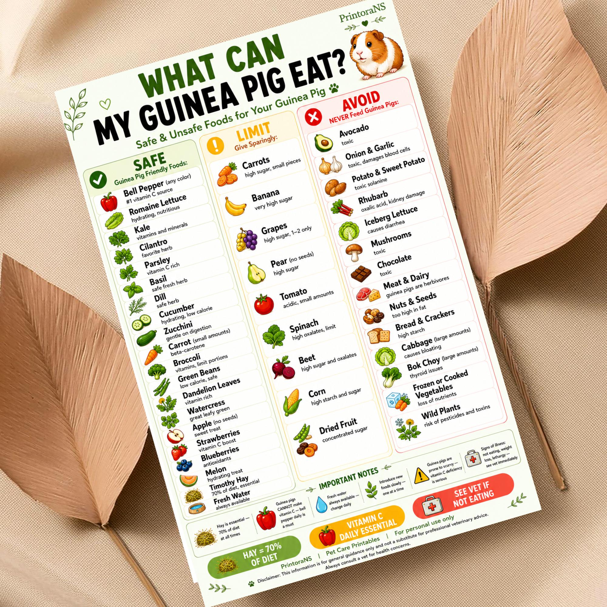 What Can My Guinea Pig Eat Printable, Safe Unsafe Guinea Pig Food Chart ...