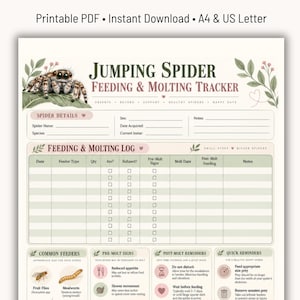 Op de afbeelding: Een printbaar document voor het bijhouden van voeding en vervelling van springspinnen, met een gedetailleerde illustratie van een spin, secties voor spinnengegevens, een logboek en informatieve gidsen over voeding en verzorging.