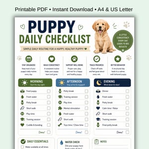 Puede incluir: Una lista de verificación diaria para cachorros en PDF imprimible con una imagen de un cachorro golden retriever. La lista de verificación incluye secciones para las rutinas de la mañana, la tarde y la noche, con tareas como alimentación, descansos para ir al baño y tiempo de juego.