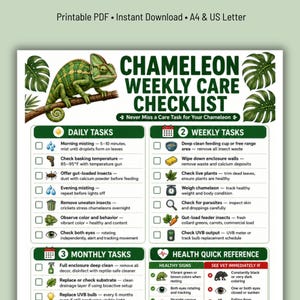 Afdrukbare pdf-checklist wekelijkse verzorgingskameleon | Gids voor dagelijkse verzorging van Chameleon | Reptielenchecklist | Digitale download cadeau kameleoneigenaar