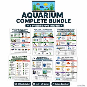 May include: A digital bundle of six printable PDF guides for aquarium care, including setup, cycling, water parameters, plant safety, maintenance, and fish disease. The documents feature colorful illustrations, charts, and text instructions.