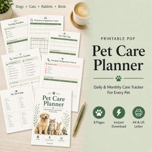 May include: A Pet Care Planner with a cover featuring a golden retriever, cat, rabbit, and bird. The planner includes pages for feeding schedules, vet visits, and emergency contacts. The text reads "Pet Care Planner" and "Daily & Monthly Care Tracker For Every Pet."