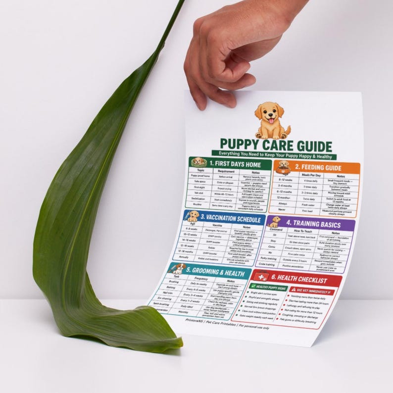 May include: A white paper Puppy Care Guide featuring a cartoon puppy illustration and six sections: First Days Home, Feeding Guide, Vaccination Schedule, Training Basics, Grooming & Health, and Health Checklist, with text detailing puppy care.