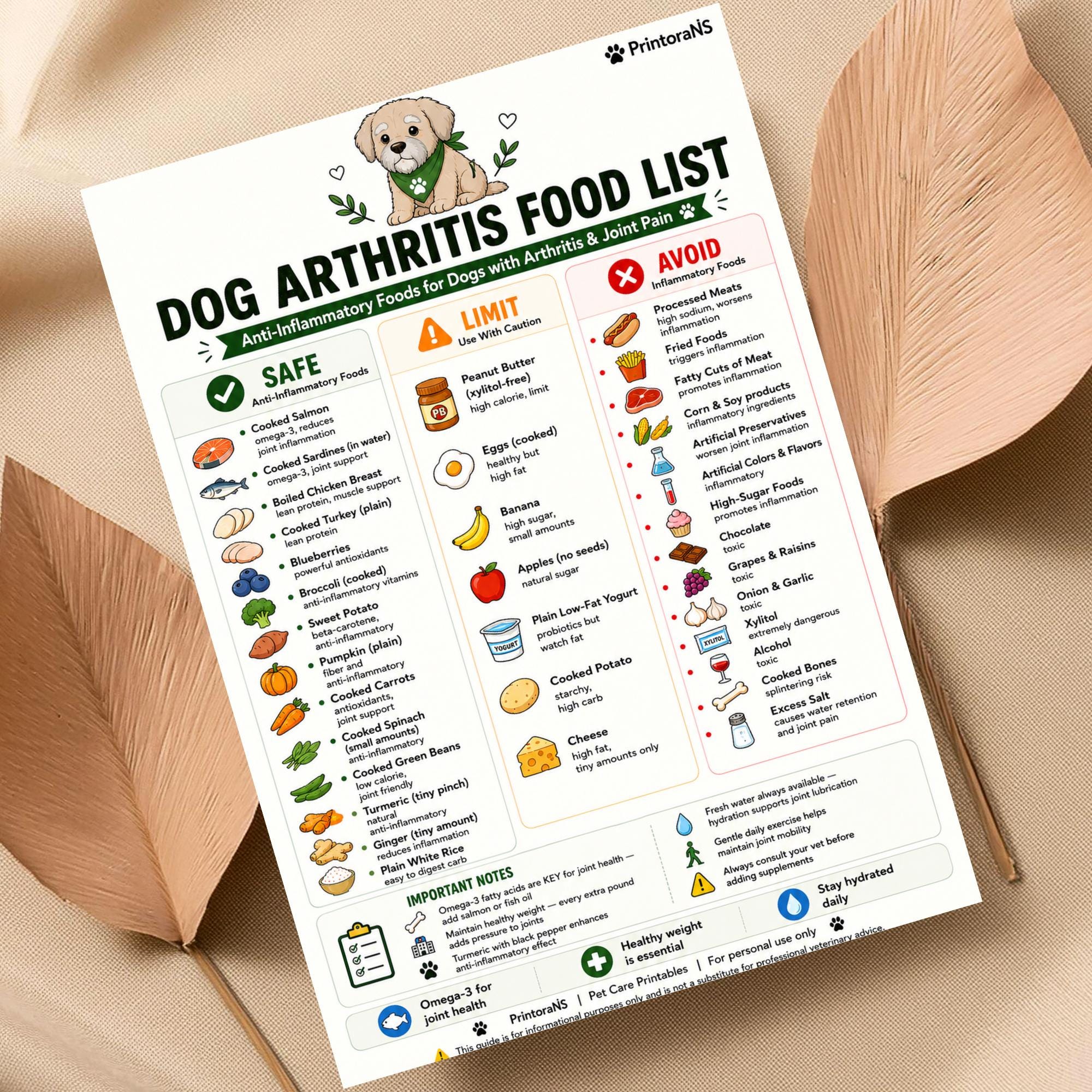 Dog Arthritis Food List Printable PDF, Anti-inflammatory Dog Food Chart ...