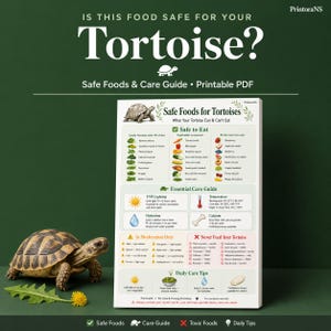 Può includere: Una guida PDF stampabile intitolata "Alimenti sicuri per le tartarughe" con sfondo verde. La guida elenca alimenti sicuri e non sicuri, consigli essenziali per la cura e informazioni sull'illuminazione UVB. Una tartaruga è raffigurata in basso a sinistra.