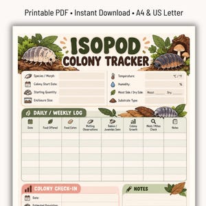 May include: A printable Isopod Colony Tracker document featuring illustrations of isopods, leaves, and mushrooms. The form includes sections for species, colony start date, temperature, humidity, and a daily or weekly log for tracking food and growth.