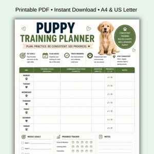 Può includere: Un pianificatore di addestramento per cuccioli stampabile con un'immagine di un cucciolo di golden retriever. Il pianificatore include sezioni per l'attenzione all'addestramento quotidiano, i comandi praticati, la durata e il monitoraggio dei progressi. C'è anche spazio per obiettivi settimanali e note.