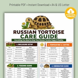 Pode incluir: Um guia de cuidados para tartaruga russa em PDF imprimível com uma tartaruga de desenho animado comendo um dente-de-leão. O documento inclui seções sobre recinto, temperatura, iluminação, alimentação e hibernação com tabelas.