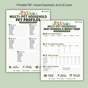 May include: Two printable pet care sheets featuring dark green text and colorful animal illustrations. One sheet is for multi-pet household profiles, and the other is for daily schedules and weekly tasks, including sections for feeding, medication, and reminders.