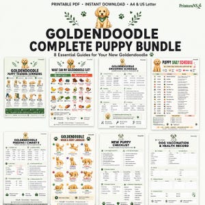 以下が含まれることがあります： ゴールデンドゥードルの子犬向けの印刷可能なPDFバンドルで、8つの必須ガイドが付属しています。ガイドには、トレーニングコマンド、安全な食品と安全でない食品、グルーミングスケジュール、毎日のスケジュール、給餌チャート、気分とボディランゲージ、新しい子犬チェックリスト、健康記録が含まれています。