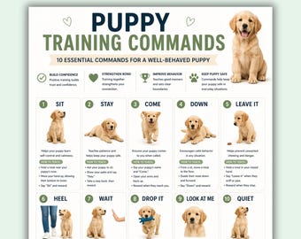 Puppy Training Commands Printable PDF, Dog Obedience Chart, Basic Dog Training Guide, Puppy Commands List, Beginner Dog Training A4 US