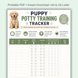 May include: A printable PDF puppy potty training tracker with a golden retriever puppy image. The tracker includes sections for date, time, location, potty success, accidents, and before/after activity. Text includes "Puppy Potty Training Tracker."