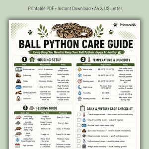 May include: A printable Ball Python Care Guide document featuring a brown and black patterned snake illustration at the top. The chart includes sections for housing setup, temperature and humidity requirements, a feeding guide, and a care checklist.
