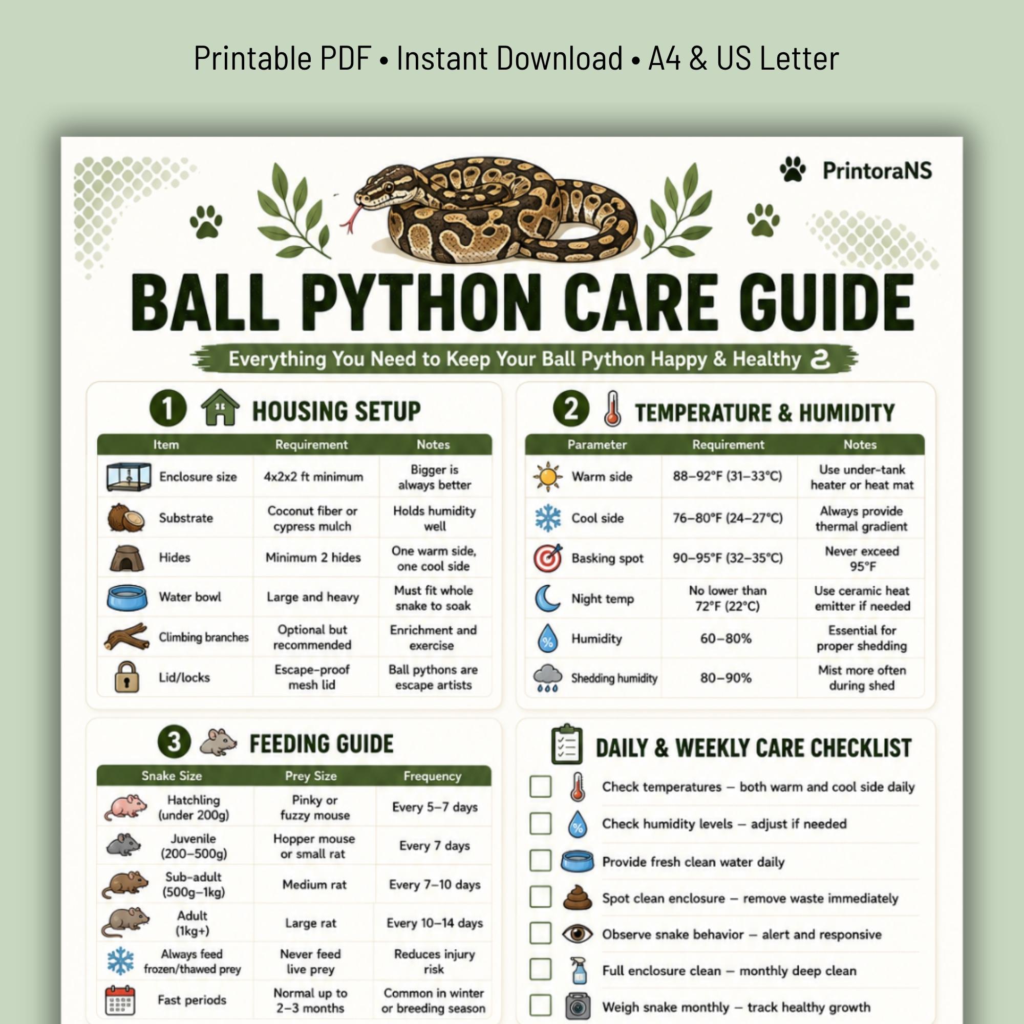 Ball Python Care Guide Printable Snake Owner Gift Reptile Care Sheet PDF Ball Python Setup Guide Digital Download