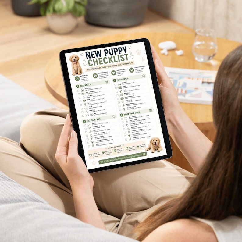May include: A person holding a tablet displaying a "New Puppy Checklist." The checklist includes sections for essentials, health & care, and home setup, with illustrations of a golden retriever puppy. The text reads "Everything you need for a happy, healthy start."