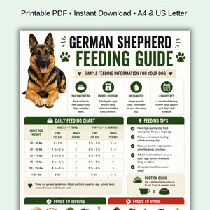 May include: A printable PDF German Shepherd feeding guide. The guide features a German Shepherd image and provides information on feeding, including daily nutrition, portion sizes, and fresh water. Includes feeding charts.