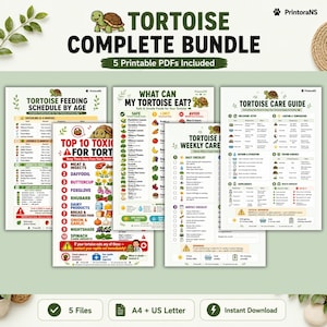 May include: A digital bundle of five printable PDF documents titled Tortoise Complete Bundle. The set includes guides for tortoise feeding schedules by age, a list of toxic foods, a safe food guide, a weekly care checklist, and a care guide.