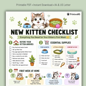 May include: A printable kitten checklist with a cartoon kitten illustration. The checklist includes sections for essential supplies, before the kitten arrives, and the first week at home. The checklist includes food, litter, and comfort items.