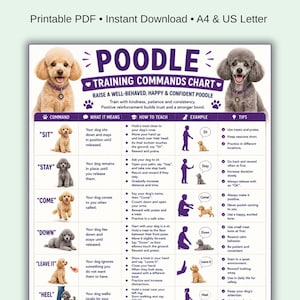 May include: A Poodle training commands chart, available as a printable PDF. It features commands such as "Sit", "Stay", "Come", "Down", "Leave It", and "Heel", with guidance on training techniques and positive reinforcement.