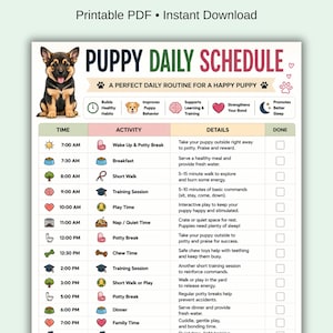 Puede incluir: Un horario diario para cachorros en PDF imprimible con una foto de un cachorro. El horario incluye horarios para despertar, descansos para ir al baño, desayuno, paseos, entrenamiento, tiempo de juego, siestas, masticar, cena y tiempo en familia. El horario está diseñado para mejorar el comportamiento del cachorro.